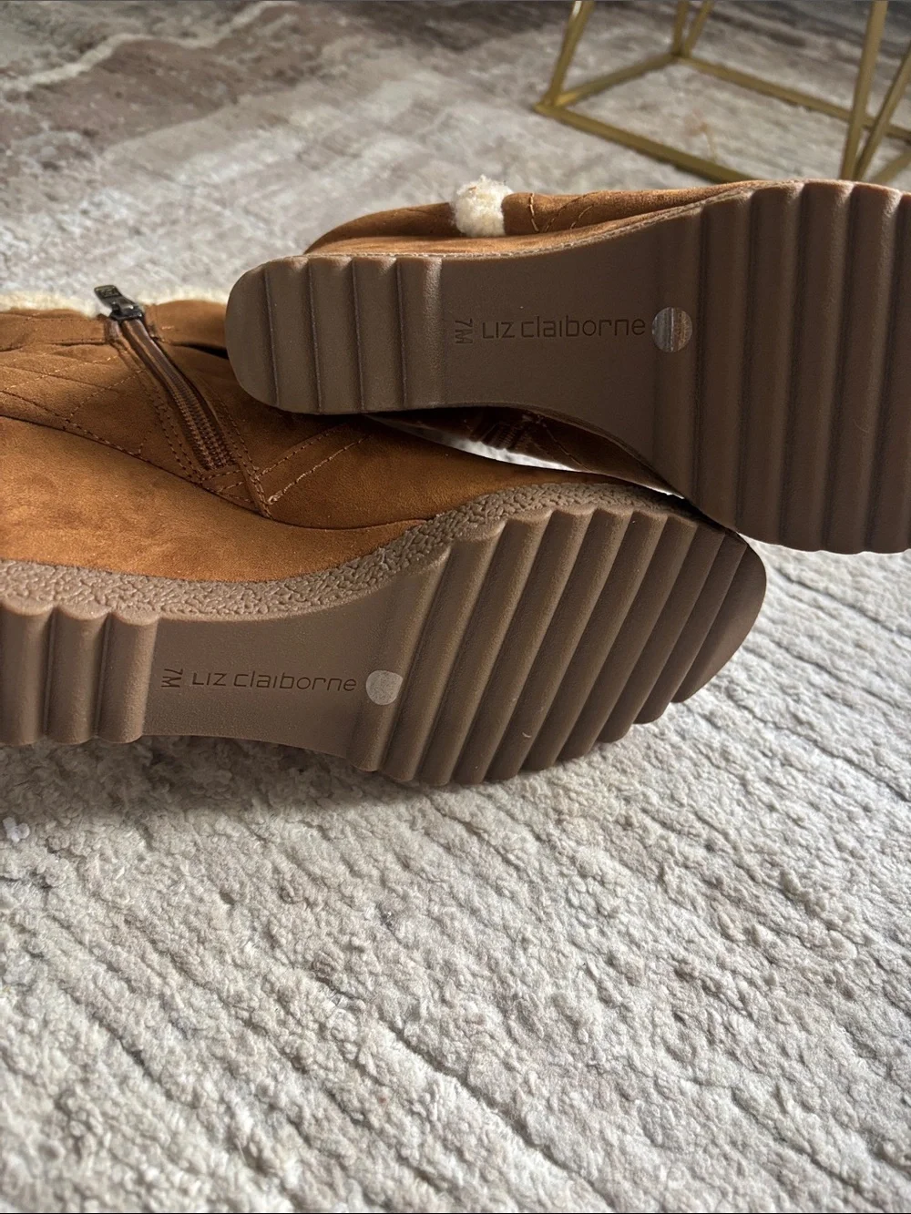 Liz Claiborne Brown Faux Suede Wedge Booties with Cream Shearling